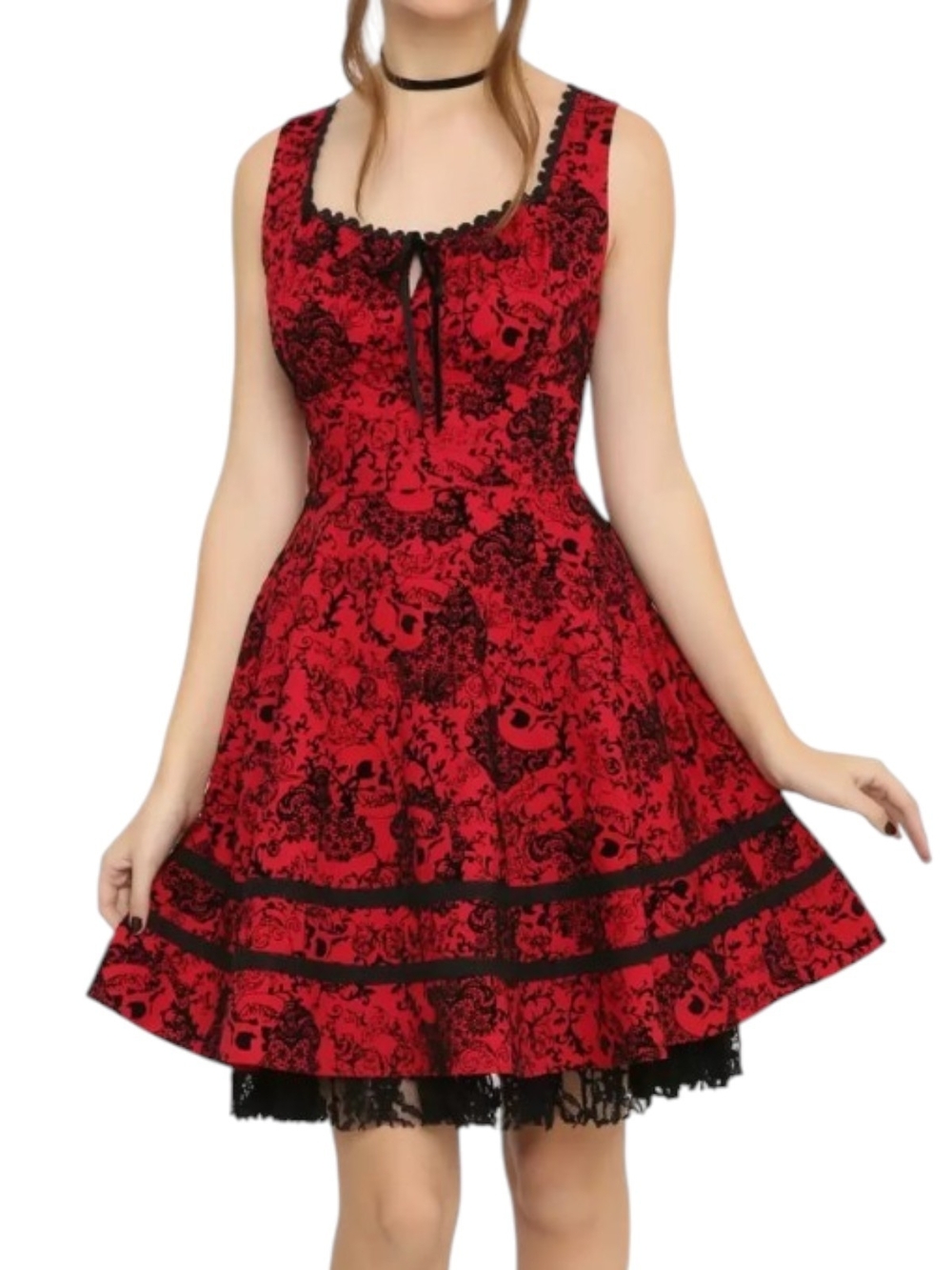 Hot Topic Red and Black Floral Lace-Trim Mini Dress